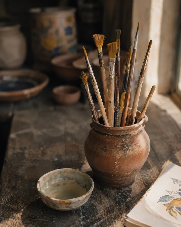 Brushes wet with yellow paint in a clay jar on Elena's workbench.