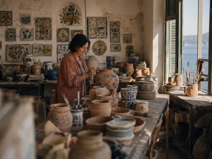 Wide view of Bottega Russo studio with the Mediterranean sea glimpsed through shuttered windows.