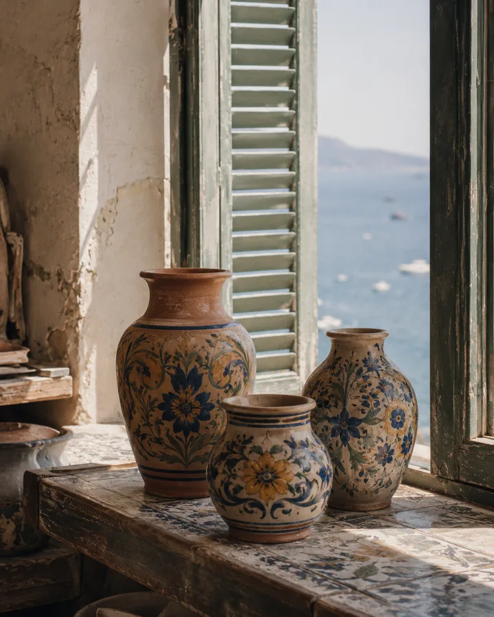 Three finished hand-painted vases on a tiled windowsill, Mediterranean sea behind.
