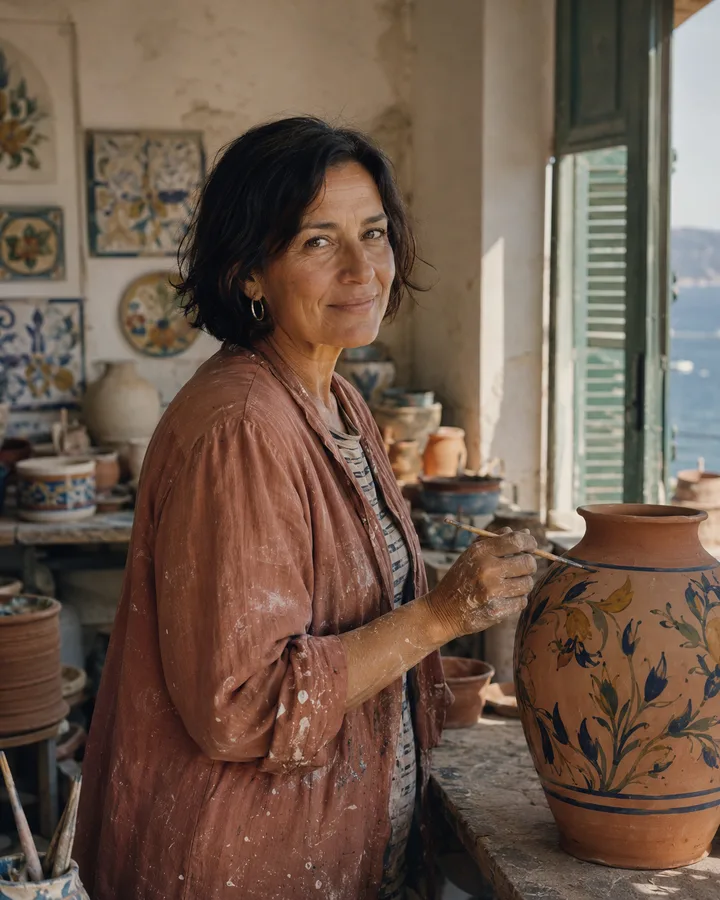 Portrait of Elena Russo at Bottega Russo in Vietri sul Mare, holding a paintbrush beside a hand-painted vase.