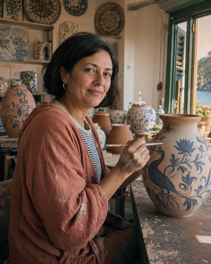 Elena's hands painting a yellow lemon motif onto a terracotta planter.