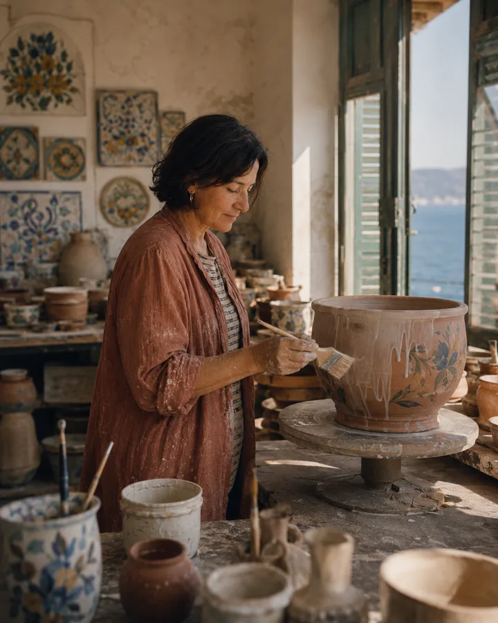 Elena applying a tin-glaze wash to a large terracotta planter on a banding wheel.