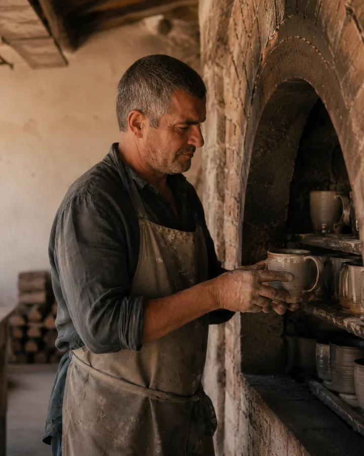 João unloading a freshly-fired ash-glazed mug from the cooled kiln.