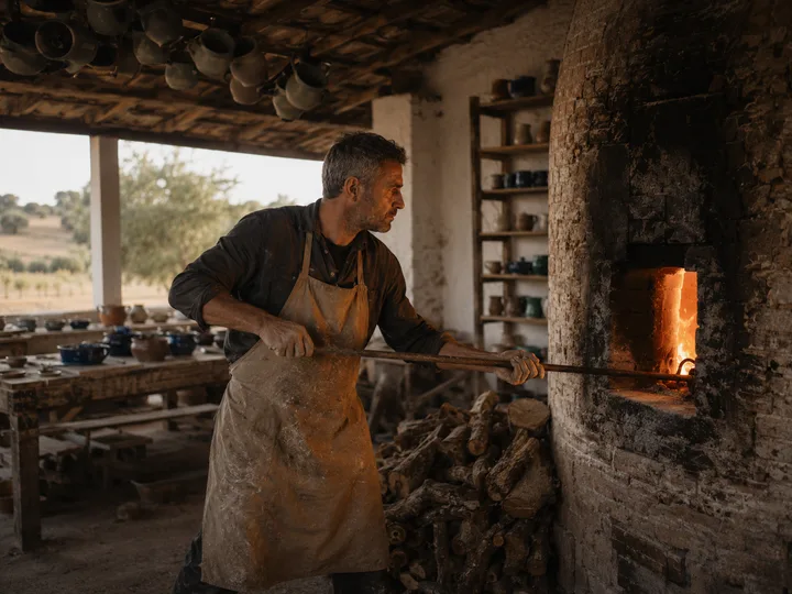 João stoking the wood-fired kiln at Forno do Vale.