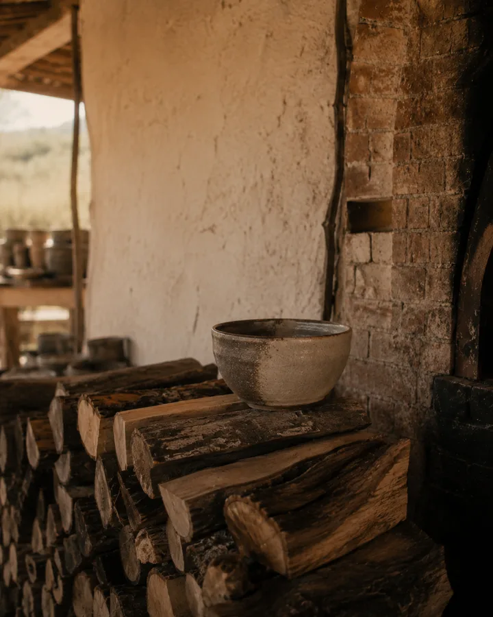 Stacked firewood beside the kiln, a wood-fired bowl resting on top.