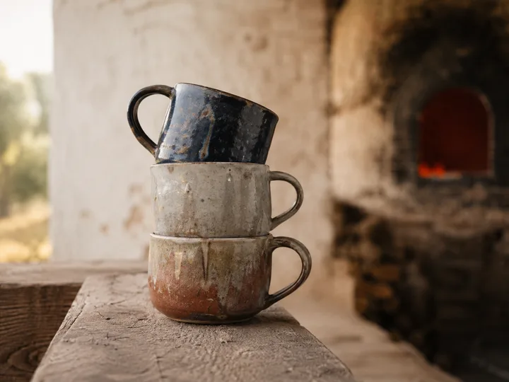 Stack of three wood-fired ash-glazed mugs on a wooden ledge at Forno do Vale.
