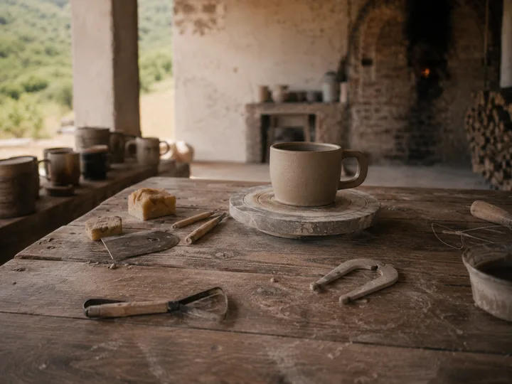 Workbench at Forno do Vale with throwing tools and a half-shaped mug on a banding wheel.