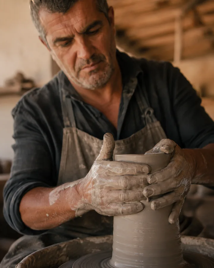 João's hands at the wheel pulling up a tall stoneware cylinder.
