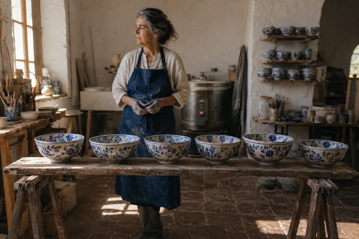 Freshly-glazed bowls drying in a row on a wooden rack at Atelier Ferreira.