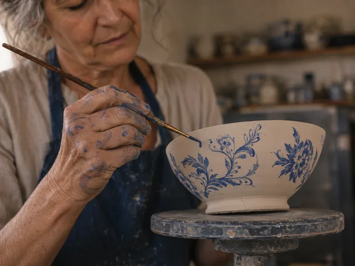 Maria's hands painting a cobalt floral motif onto an unfired bowl.