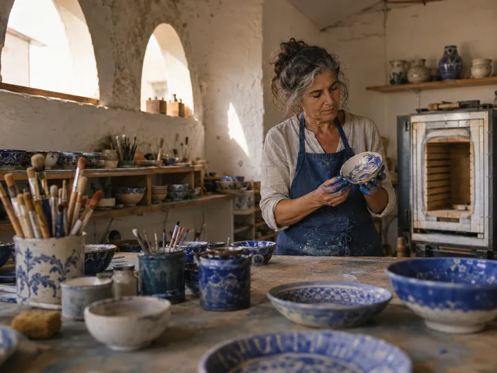 Wide view of Atelier Ferreira in Loulé, with cobalt-glazed bowls drying on wooden shelves and Maria at work in the background.