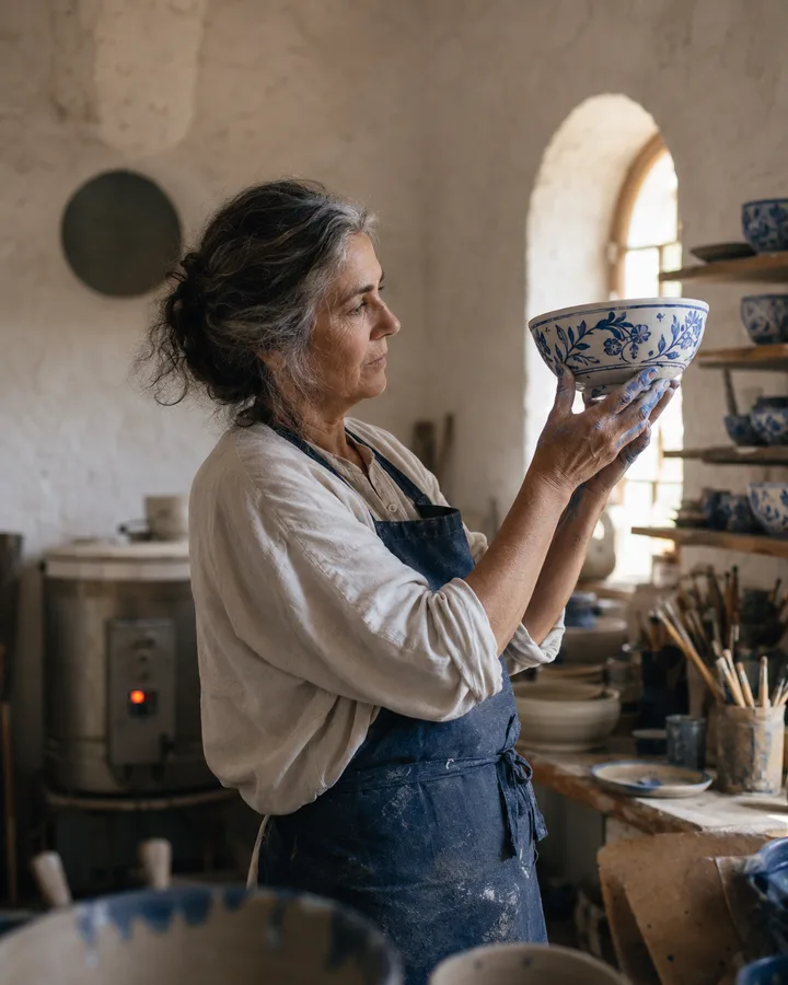 Maria inspecting a finished cobalt-glazed bowl against the window light.
