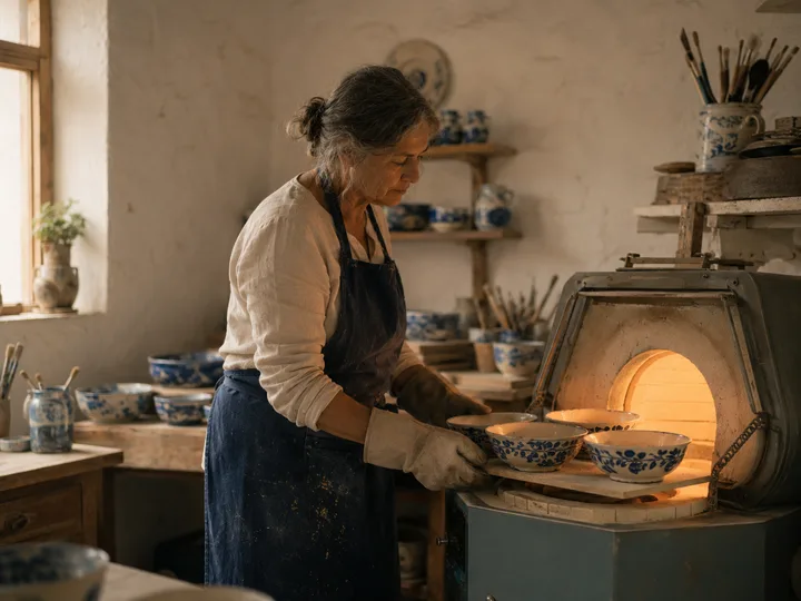 Maria loading glazed bowls into the kiln at Atelier Ferreira.