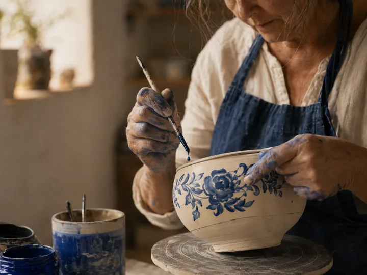 Brushes, cobalt glaze jars, and bisque-fired bowls on a sunlit shelf.