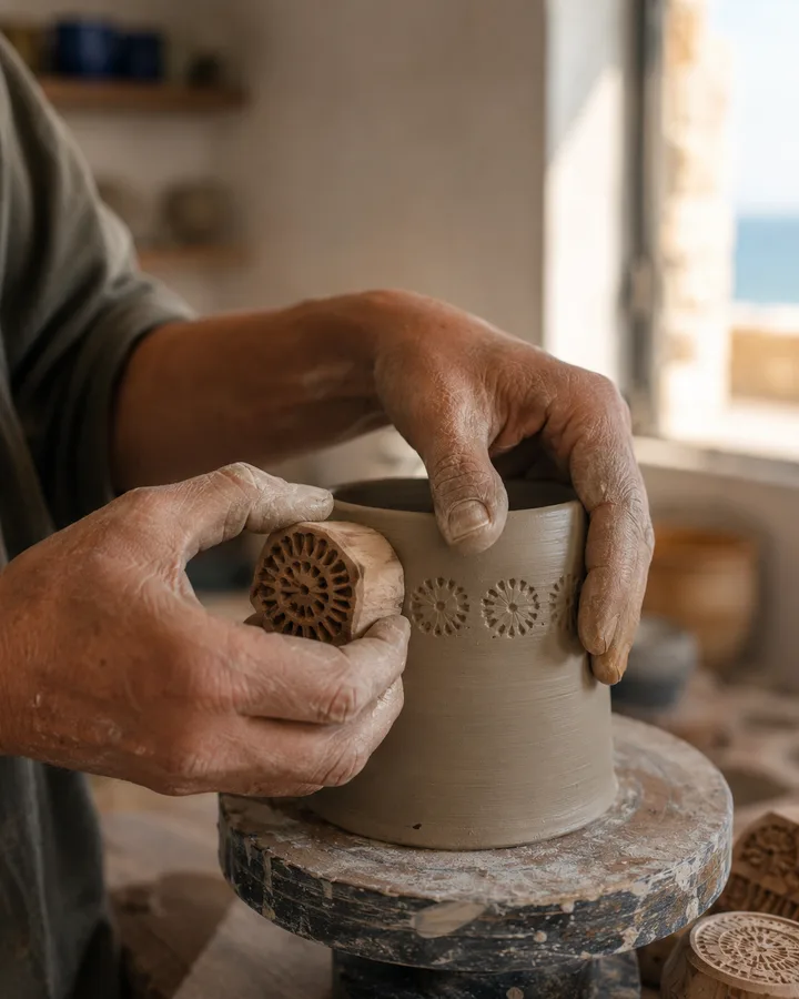 Zoé trimming the foot of an upturned mug on the wheel.