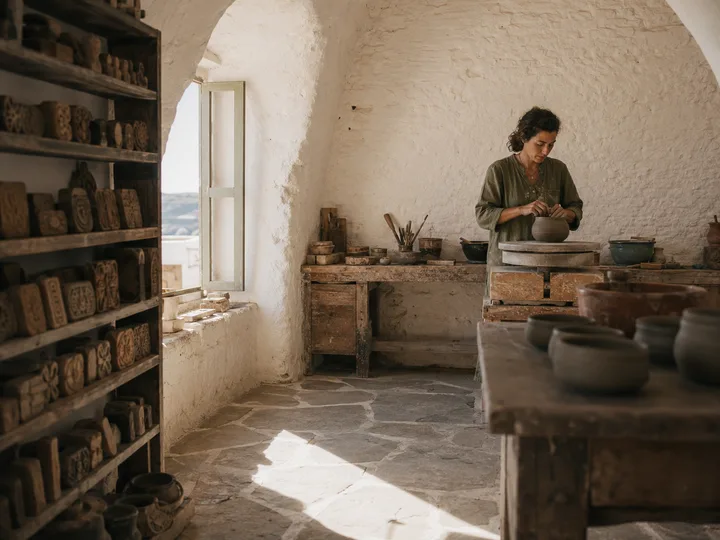 Wide view of Mavridís Stoneware studio on Sifnos with morning light across the flagstone floor.