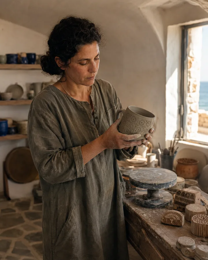 Portrait of Zoé Mavridís on Sifnos, cradling a freshly-stamped stoneware mug.