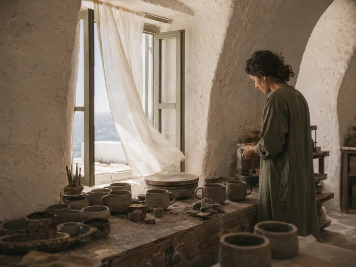 South-facing window of Mavridís Stoneware studio with linen curtains and a workbench of mugs.