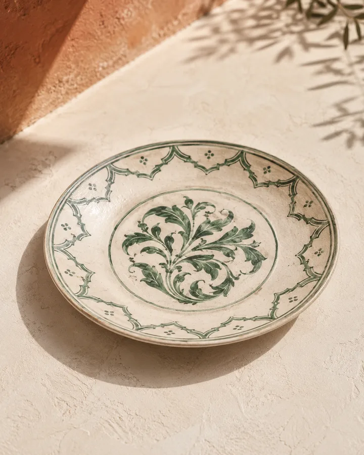Azulejo Dinner Plate in Verdigris Tile — green botanical medallion.
