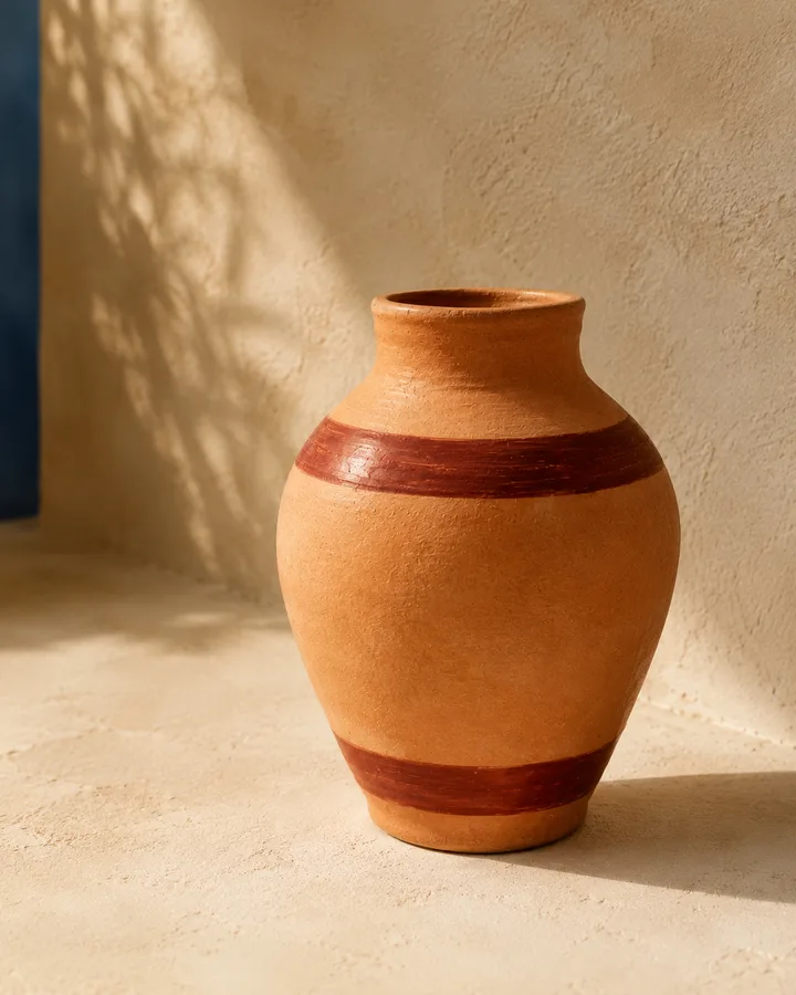 Banded Olive Jar in Sun-Faded Cream — pale ghostly bands on earthenware.