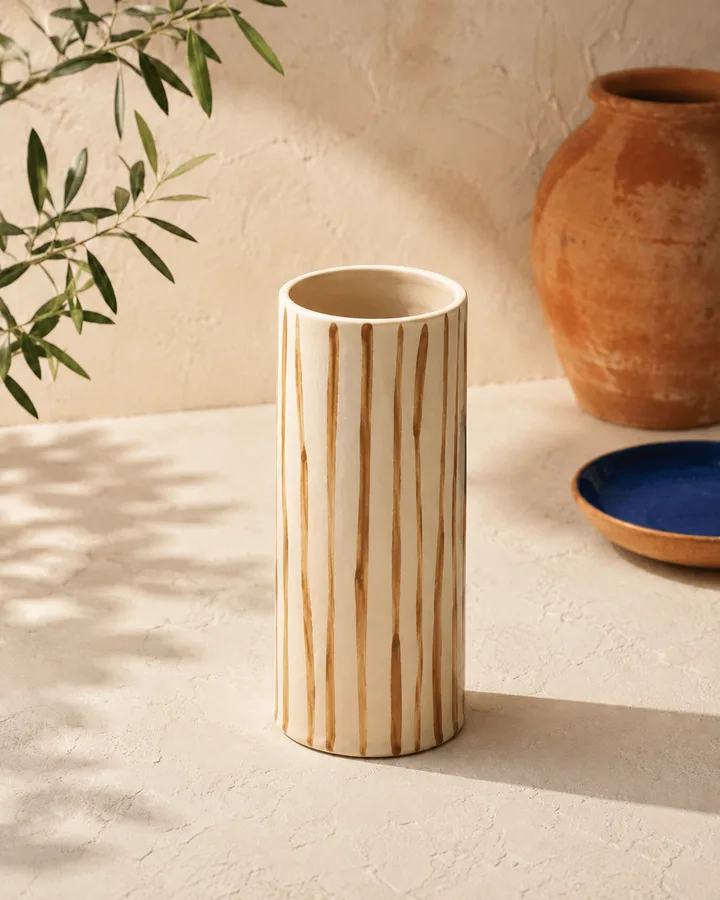 Brushed Reed Vase in Bamboo Tan — bamboo-tan vertical brushwork on ivory.