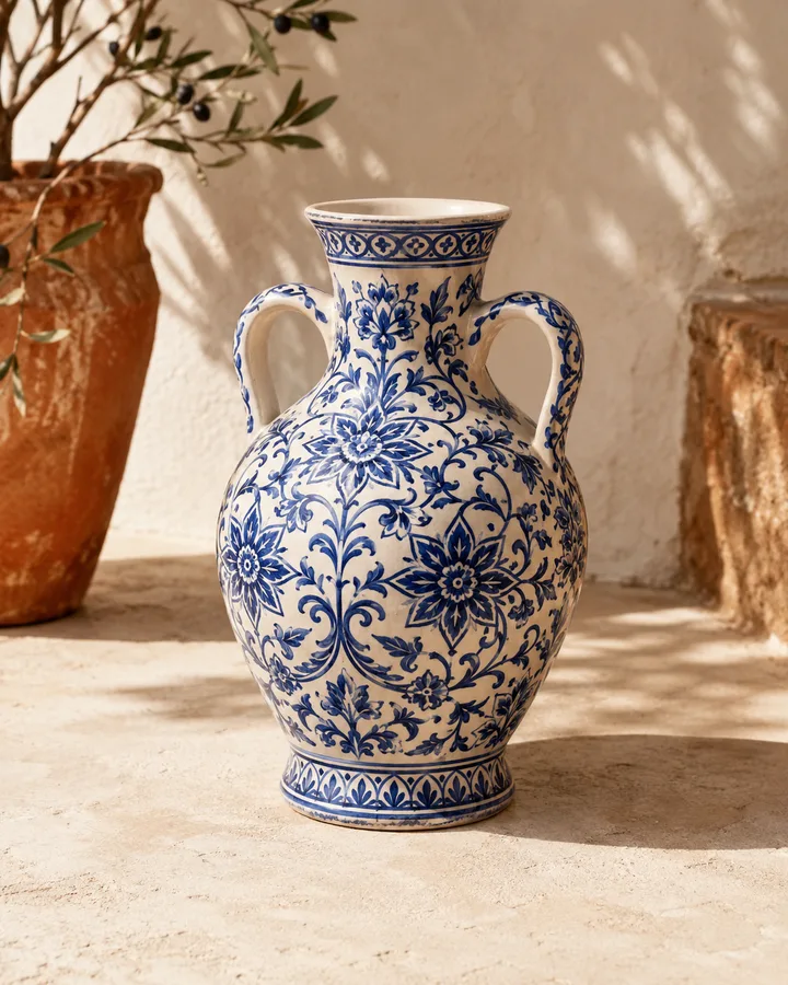 Bulbous Hand-Painted Vase in Indigo Bloom — cobalt azulejo floral pattern on white stoneware.