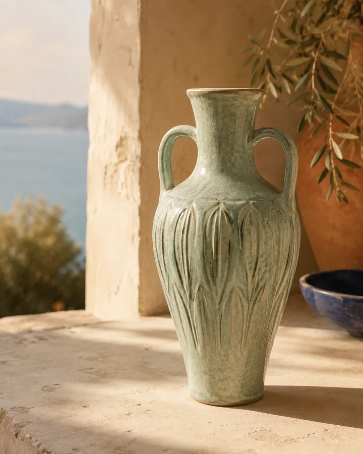 Carved Amphora Vase in Sea Glass — pale green glaze over hand-carved relief.