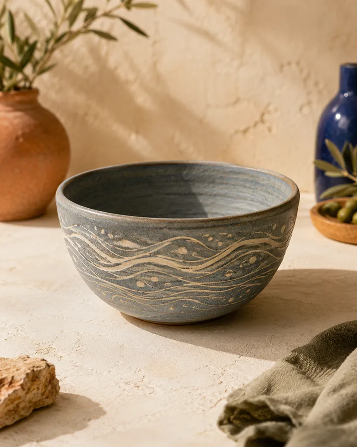 Carved Stoneware Bowl in Slate Tide — slate-grey-blue slip with carved waves.