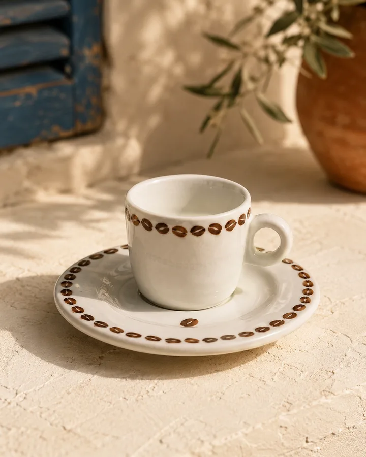 Espresso Cup with Saucer in Espresso Brown — coffee-bean motif on white porcelain.