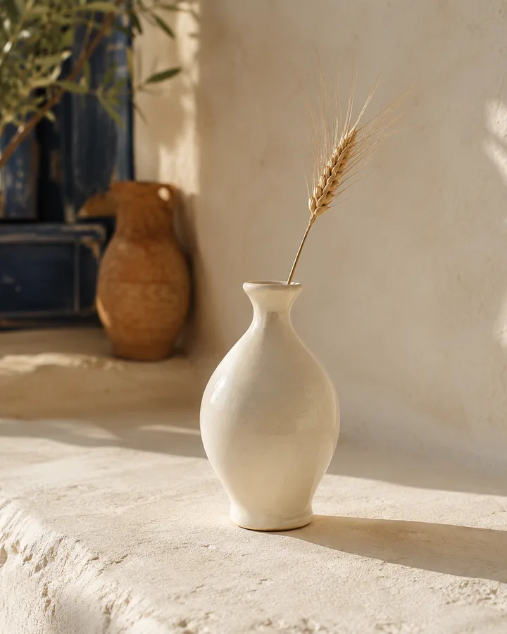 Floral Bud Vase in Whiteware with a sprig of dried wheat.