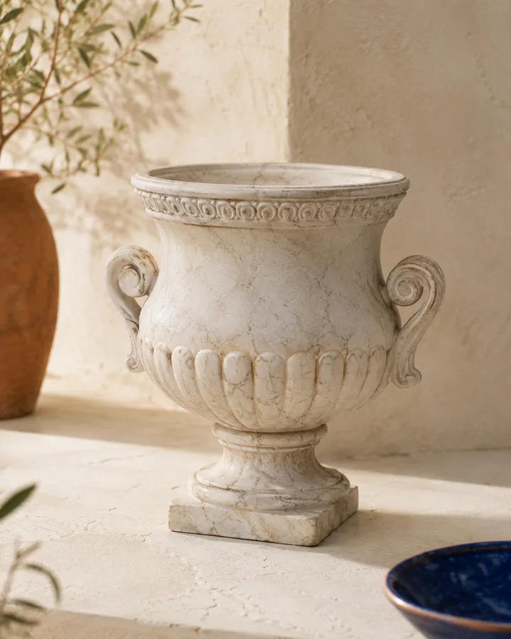 Footed Garden Urn in Marble White finish.