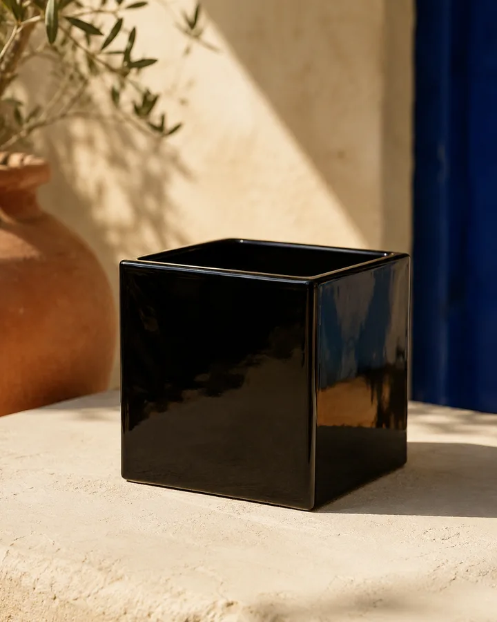 Glossy Modern Cube in High Gloss Black glaze.