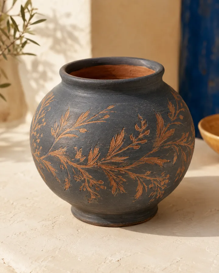 Hand-Coiled Garden Urn in Slate Tide — slate slip with botanical sgraffito.