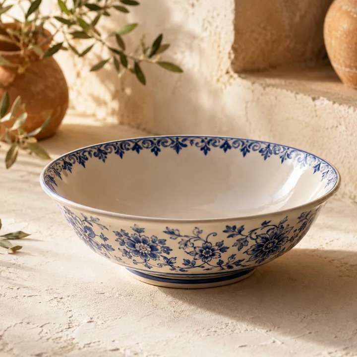 Hand-Painted Serving Bowl in Indigo Bloom — cobalt floral motif on white stoneware.