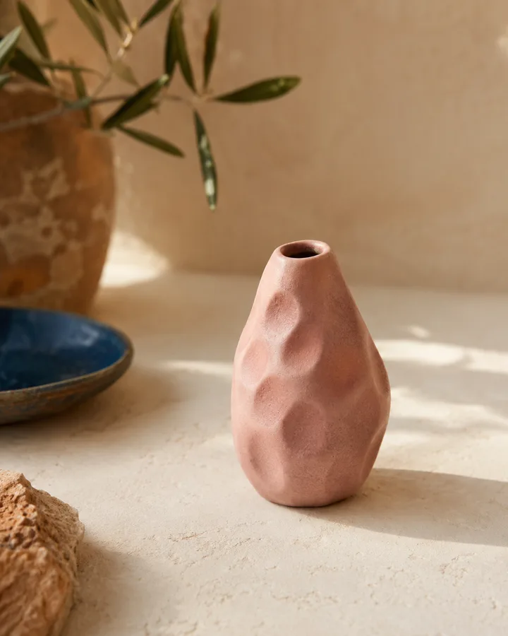 Hand-Pinched Bud Vase in Pinch Rose — dusty rose pinch-pot ceramic.