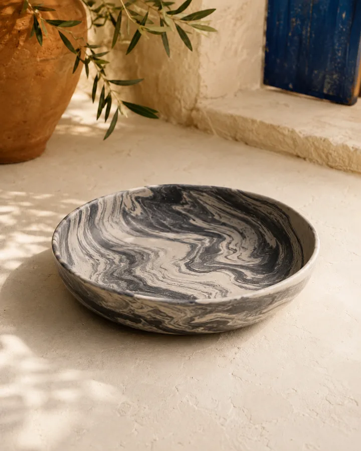 Marbled Pasta Bowl in Stormcloud Marble — charcoal and silver clay swirls.