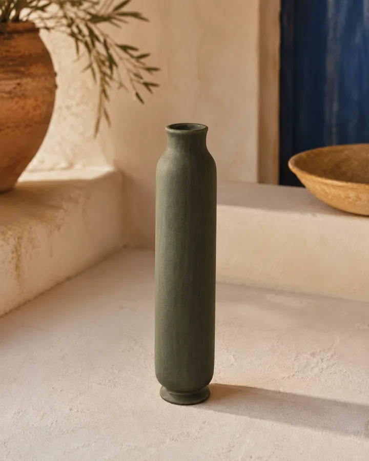 Mediterranean Stem Vase in Cypress Shade — deep matte green porcelain.