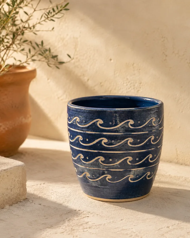 Sgraffito Garden Planter in Cobalt Slip — blue slip with wave pattern.