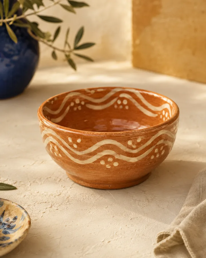 Slipware Breakfast Bowl in Cream Wash — cream slip on terracotta.