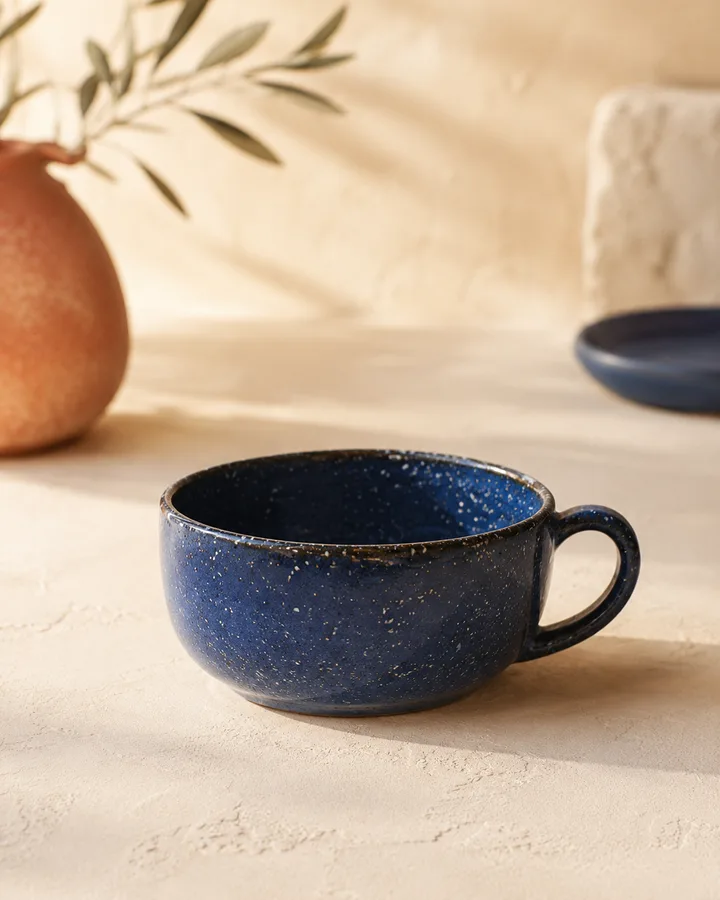 Speckled Latte Cup in Cobalt Stardust — cobalt speckled stoneware.