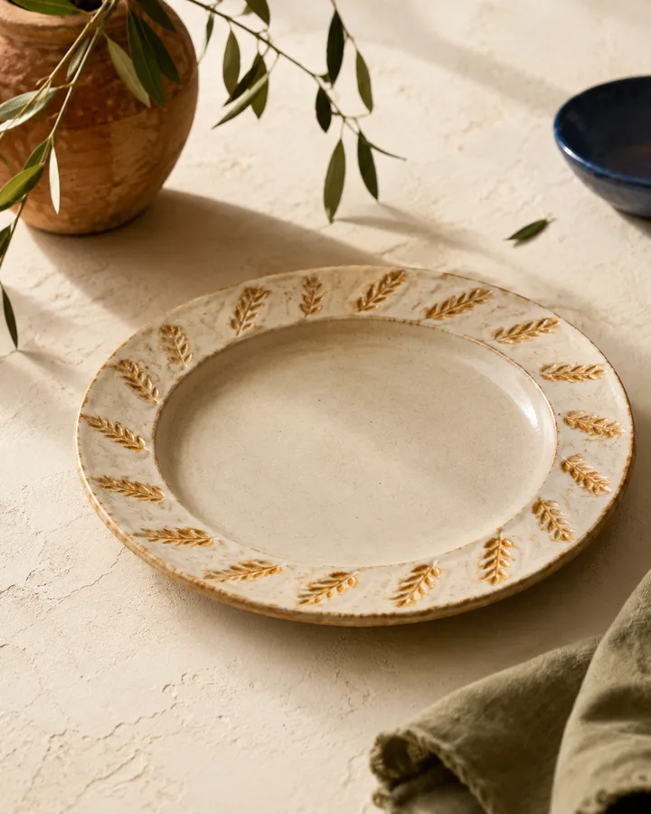 Stamped Pasta Plate in Wheatgold — wheat-ear stamped rim with amber glaze.