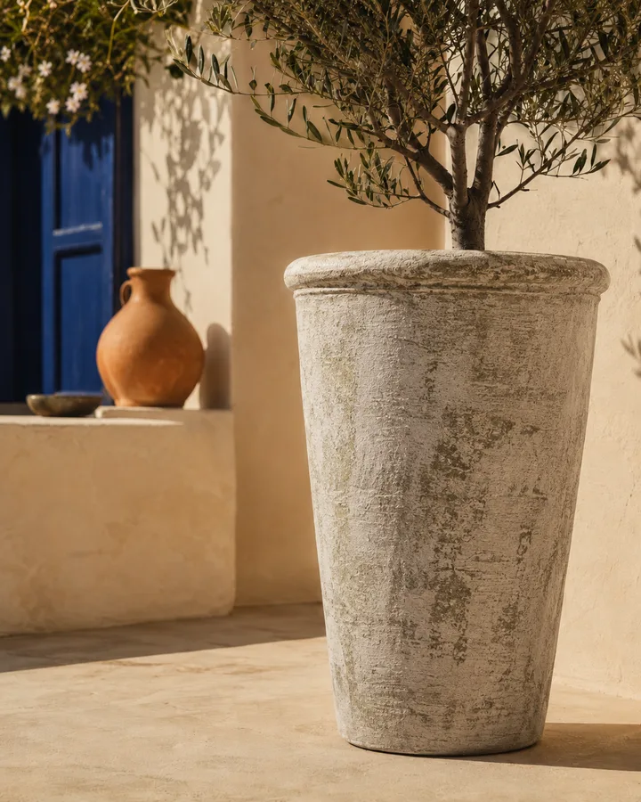 Tall Olive Tree Planter in Weathered Stone finish.