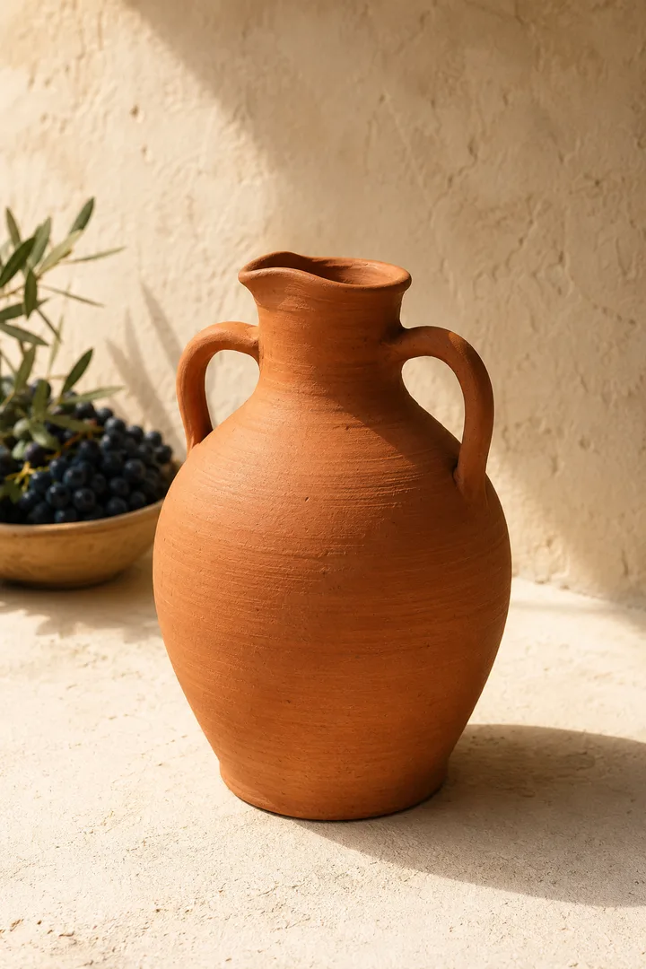 Handmade terracotta water jug, twin-handled, on a sunlit plaster surface.